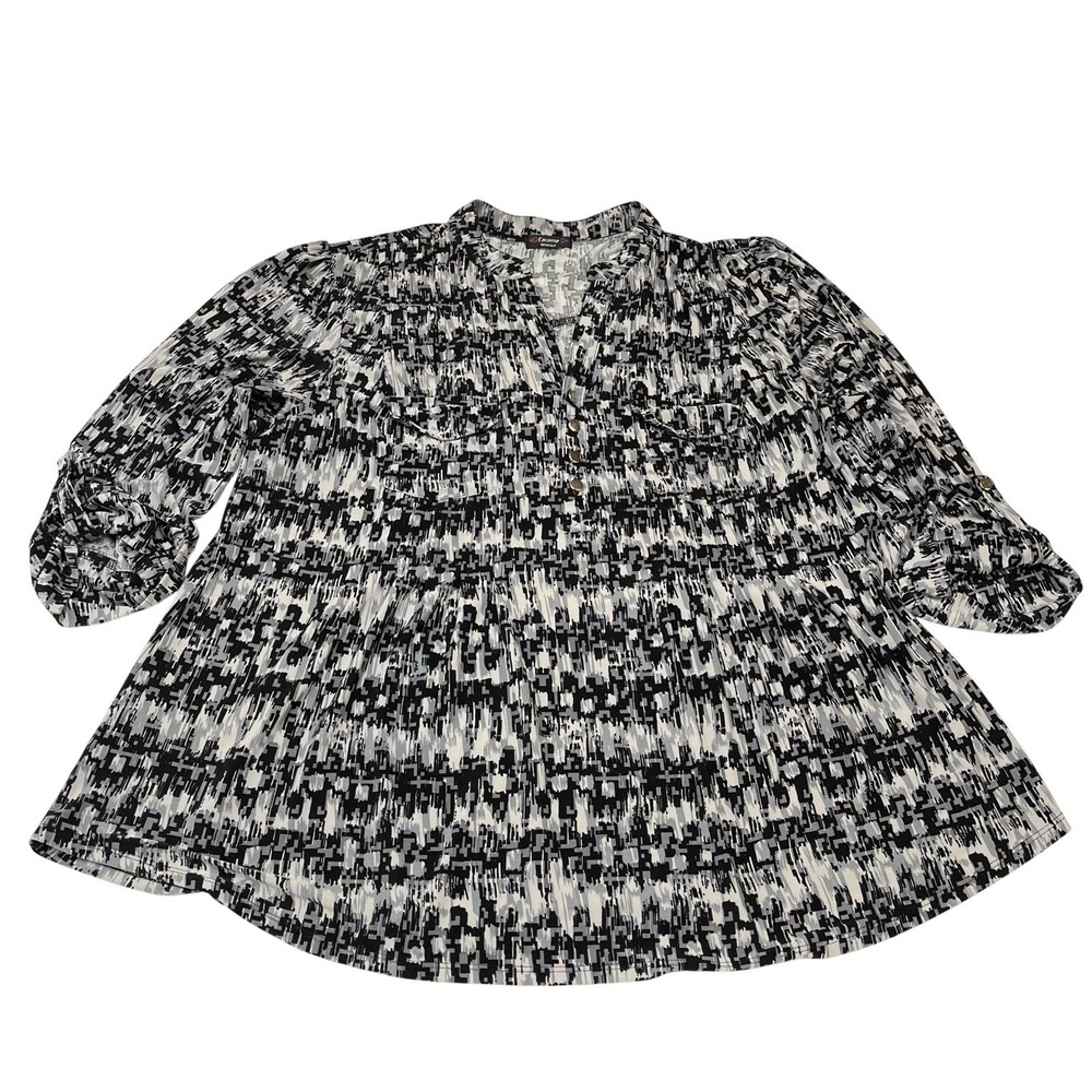 Cocomo Women Top Black Geo Liquid Knit Popover 3X Roll Tab Sleeve Office Career